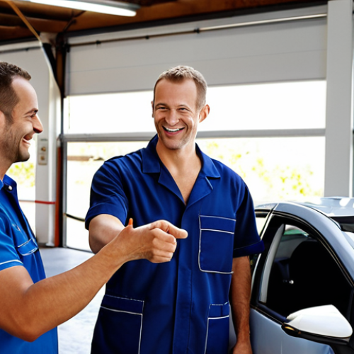 Home 4 **
Prompt: A confident auto mechanic, wearing a clean uniform, shaking hands with a smiling manager in a modern garage setting. In the background, diagnostic tools and a pristine electric car are visible. The overall mood is professional and optimistic, suggesting a successful salary negotiation. Focus on conveying a sense of accomplishment and fair compensation. French setting.
**