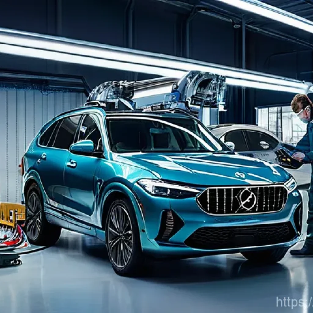 자동차정비사 경력관리 팁 - **Prompt:** A modern, clean automotive workshop bathed in bright, contemporary lighting. In the fore...