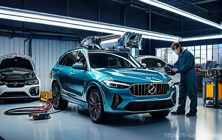 자동차정비사 경력관리 팁 - **Prompt:** A modern, clean automotive workshop bathed in bright, contemporary lighting. In the fore...