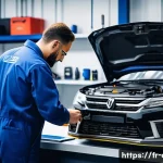 Home 15 자동차정비 자격증과 자동차 튜닝과의 관계 - A detailed workshop scene inside a modern French automotive repair shop, featuring a skilled mechani...