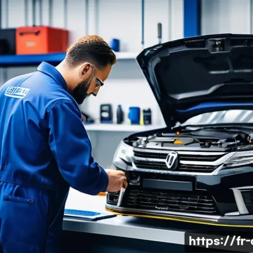 Home 27 자동차정비 자격증과 자동차 튜닝과의 관계 - A detailed workshop scene inside a modern French automotive repair shop, featuring a skilled mechani...