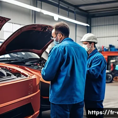 Home 26 자동차정비사 근무 환경과 장단점 - A busy French automotive repair workshop with several mechanics wearing protective gloves, safety gl...