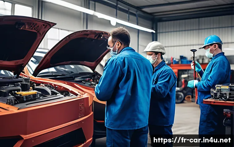 자동차정비사 근무 환경과 장단점 - A busy French automotive repair workshop with several mechanics wearing protective gloves, safety gl...
