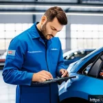 Home 19 자동차정비사 연봉 협상 성공 사례 - A professional French automotive mechanic in a modern workshop in Paris, wearing a clean blue work u...