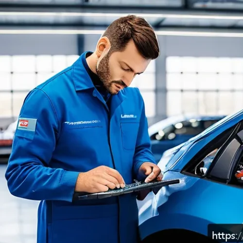 Home 13 자동차정비사 연봉 협상 성공 사례 - A professional French automotive mechanic in a modern workshop in Paris, wearing a clean blue work u...