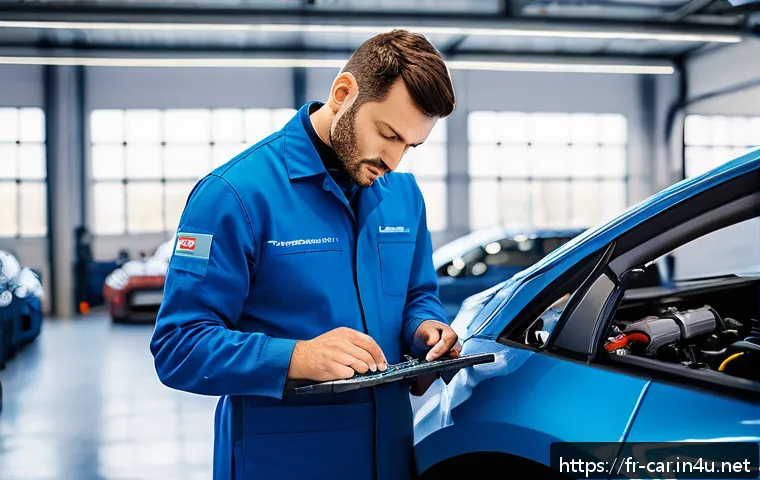 자동차정비사 연봉 협상 성공 사례 - A professional French automotive mechanic in a modern workshop in Paris, wearing a clean blue work u...
