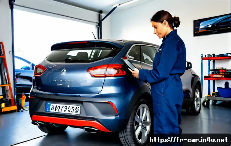 자동차정비사의 주요 역할과 책임 - Photorealistic French automotive mechanic in clean navy coveralls inspecting a raised family hatchba...