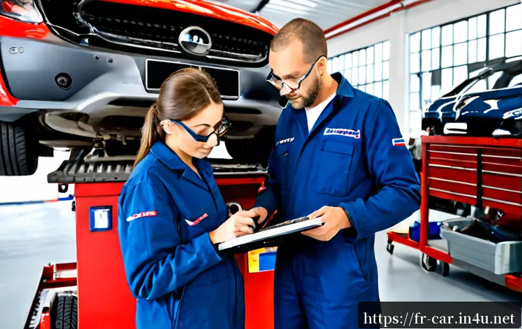 자동차정비 자격증 학원 선택 팁 - Photorealistic vocational automotive training workshop in France, an adult student in clean navy cov...